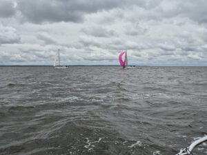 Zwei Segelboote auf dem Haff. Ein Boot segelt mit pinkem Spinnaker.