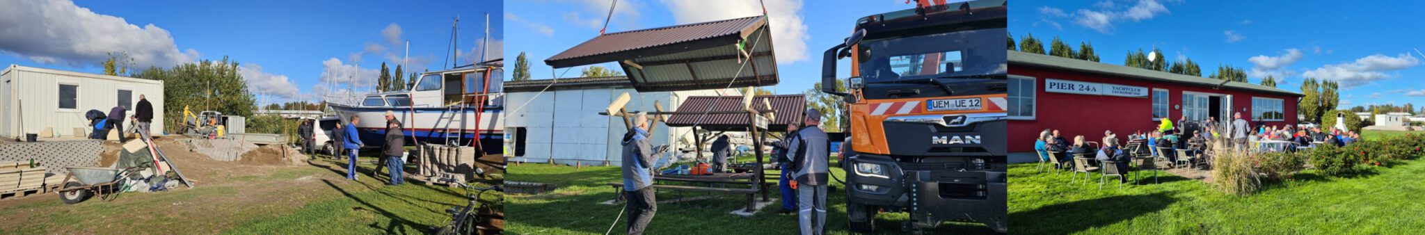Eine Bildcollage aus drei Bildern. Links: ein Container steht auf einer kleinen Anhöhe, drumherum steht Baumaterial und Menschen arbeiten. Mitte: Auf eine Sitzgruppe wird ein Dach mittels eines Krans aufgesetzt, Menschen halten das Dach mit Seilen in der richtigen Position. Recht: Alle fleißigen Helfer sitzen zum Abschluss auf der Terrasse vor dem Vereinshaus, die Sonne scheint.