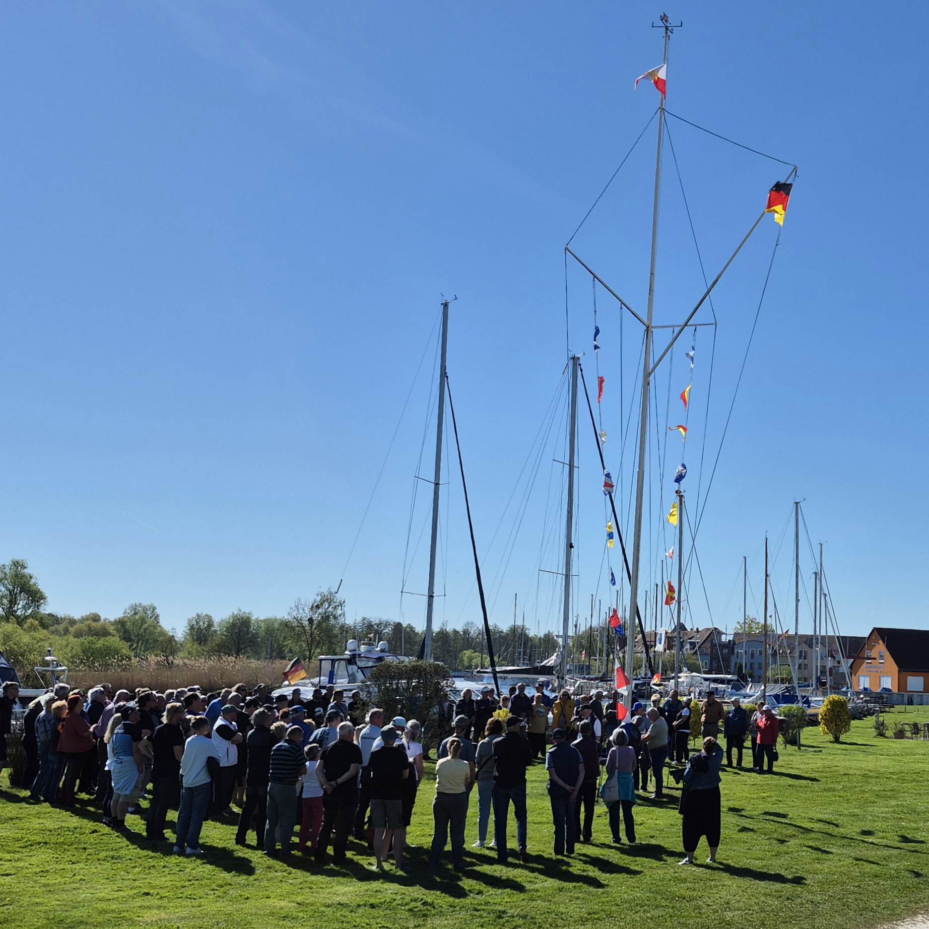 Viele Menschen stehen um einen Flaggenmast auf der Wiese.
